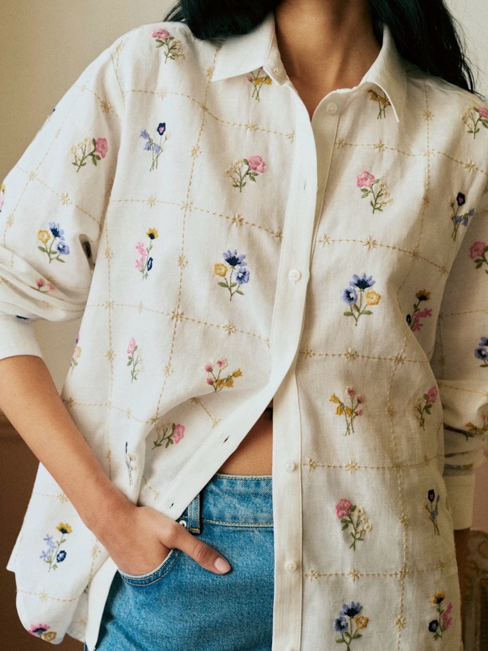 Sezane Embroidered Floral Button-Down Shirt (Cream) - EU 36 - USA 4 - NWT RARE ✨